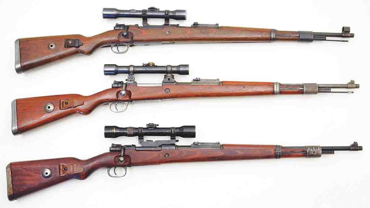 The most successful mounting systems on German sniper rifles were considered the K98k with short side rail (top), the K98k with low turret mount (middle) and K98k with short side rail (bottom). All were usually equipped with 4x scopes.
